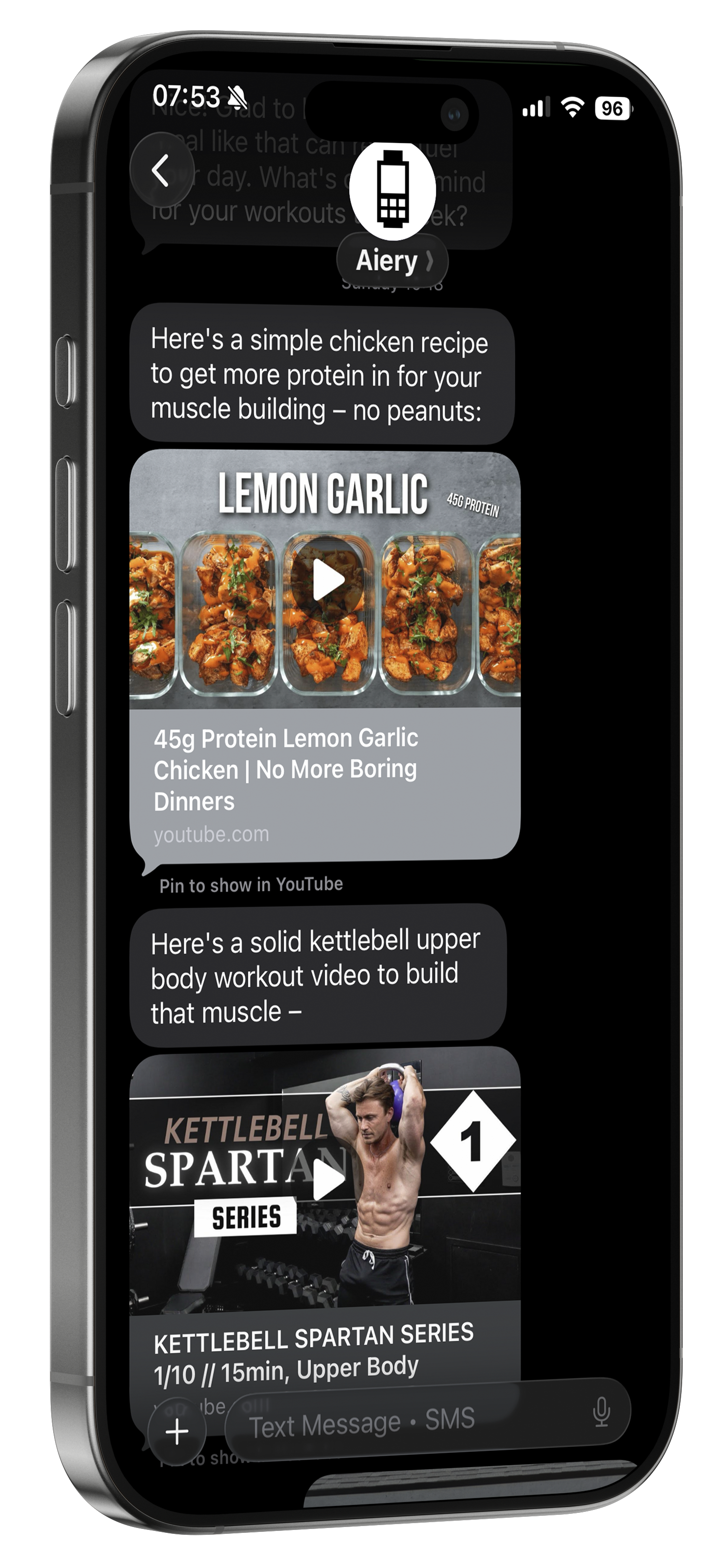 Aiery texting recipe and workout videos on iPhone with contact card