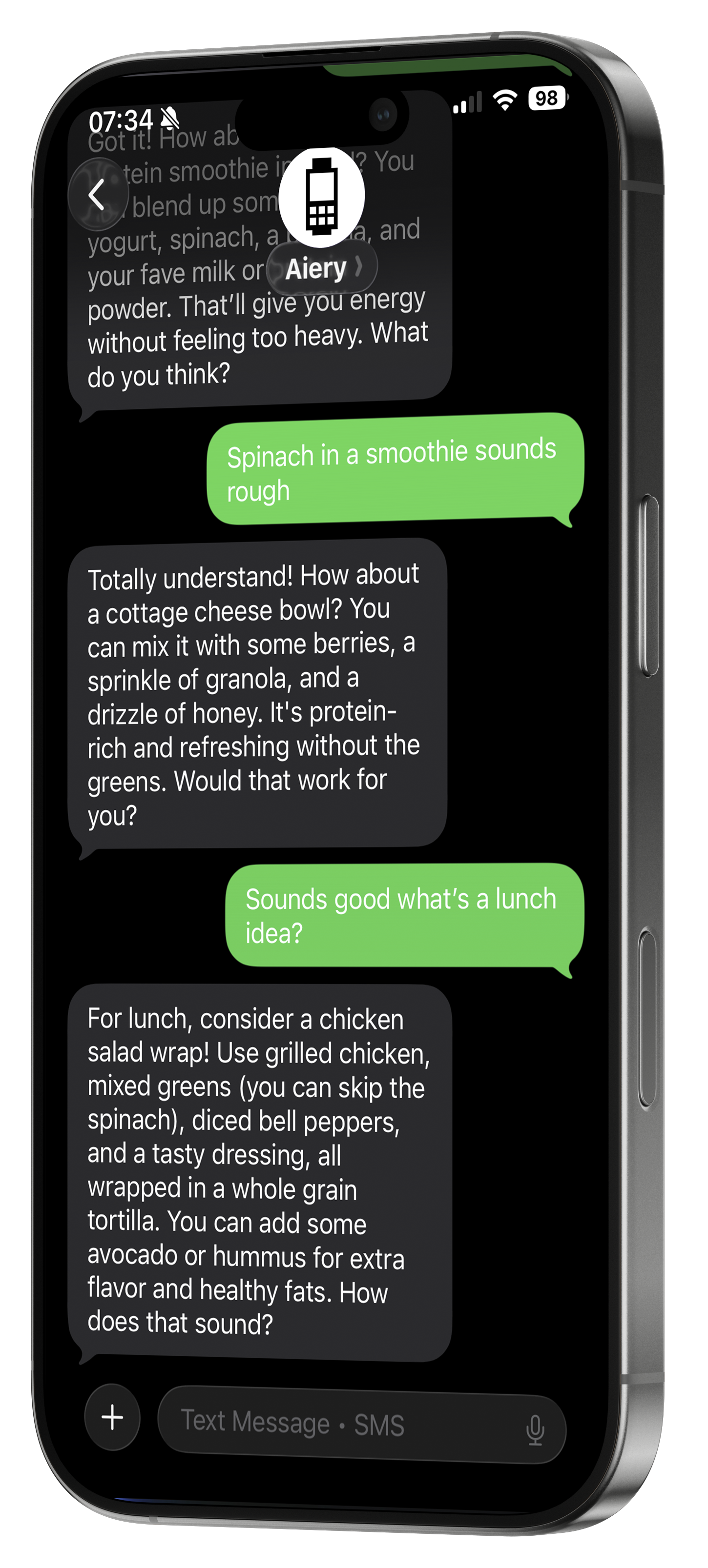 Aiery texting meal ideas on iPhone with contact card in the thread