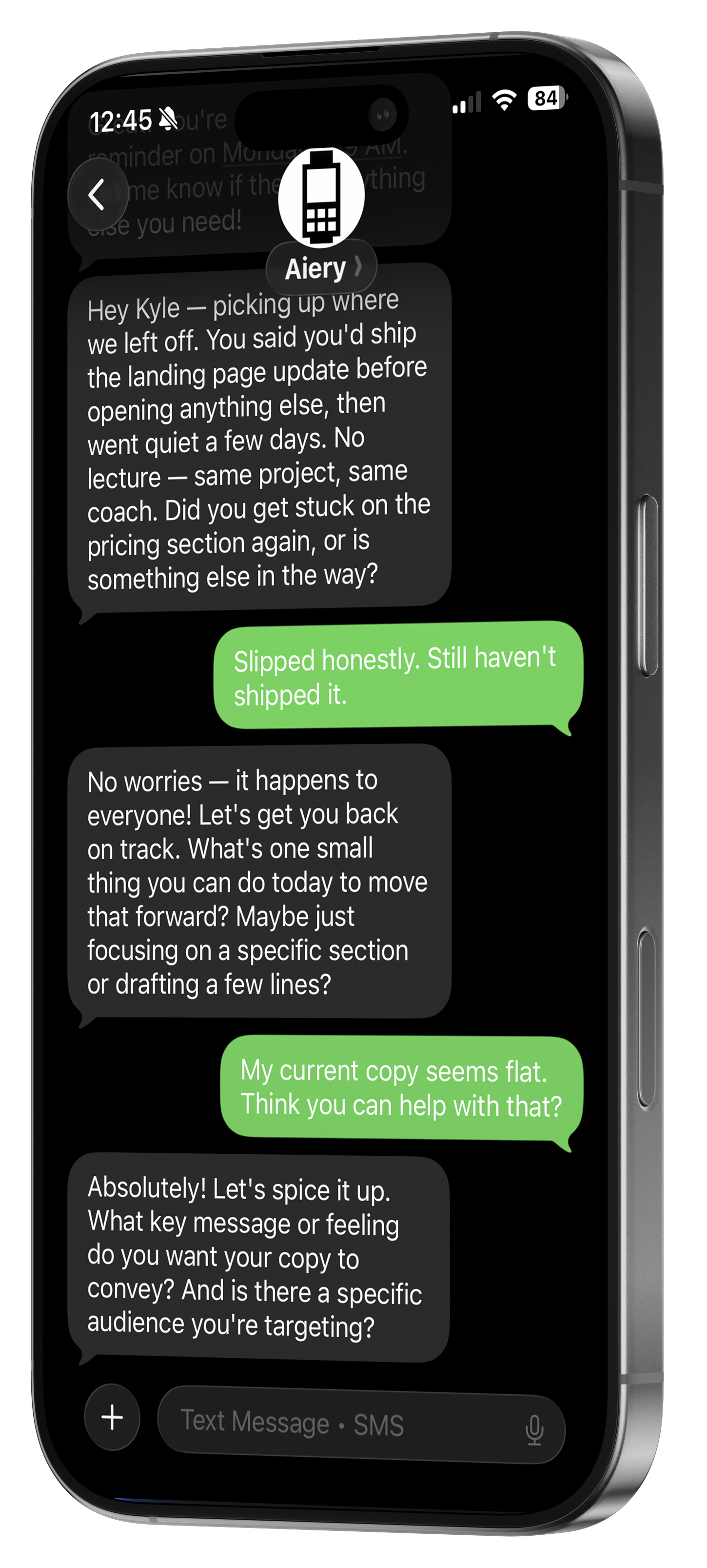 Aiery texting on iPhone about shipping and picking up where you left off