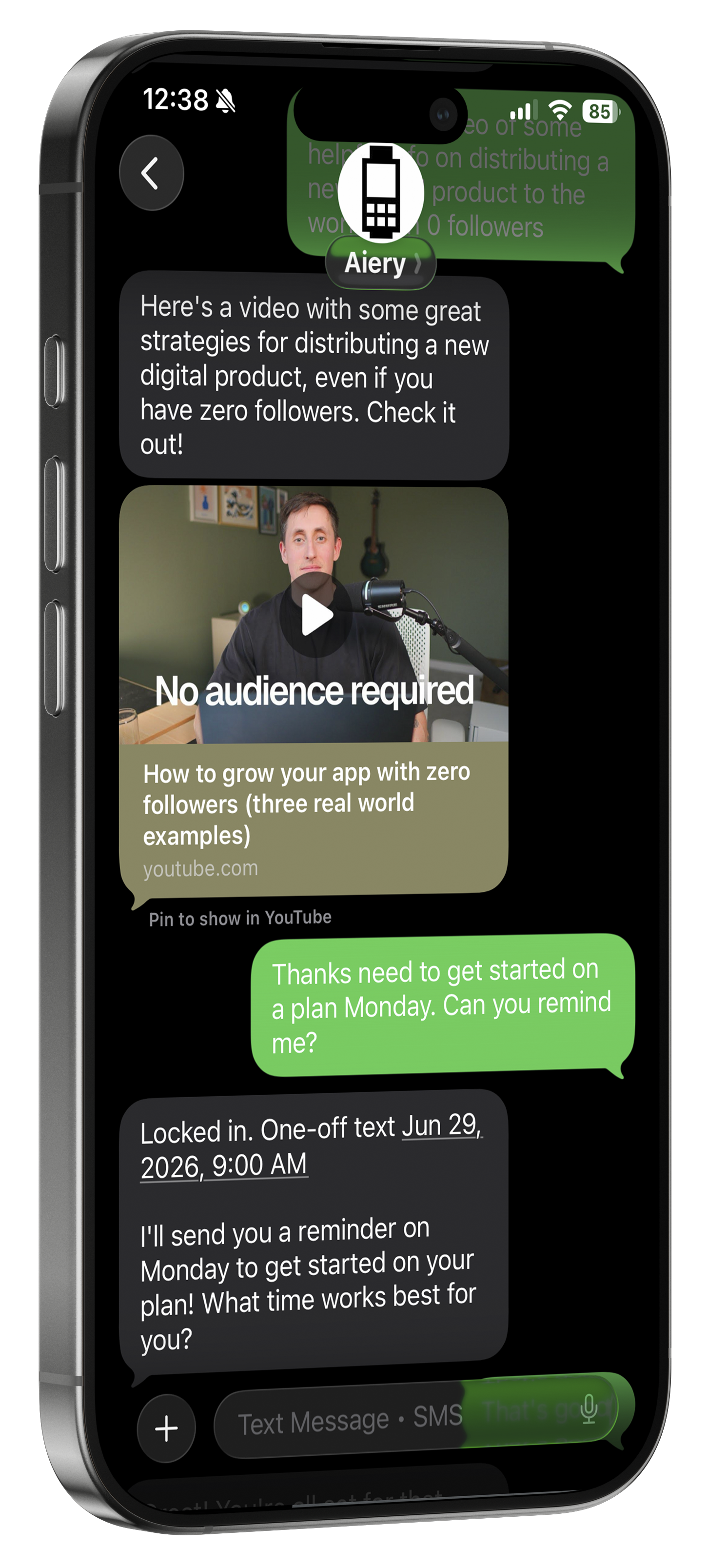 Aiery texting useful links and nudges on iPhone for builders