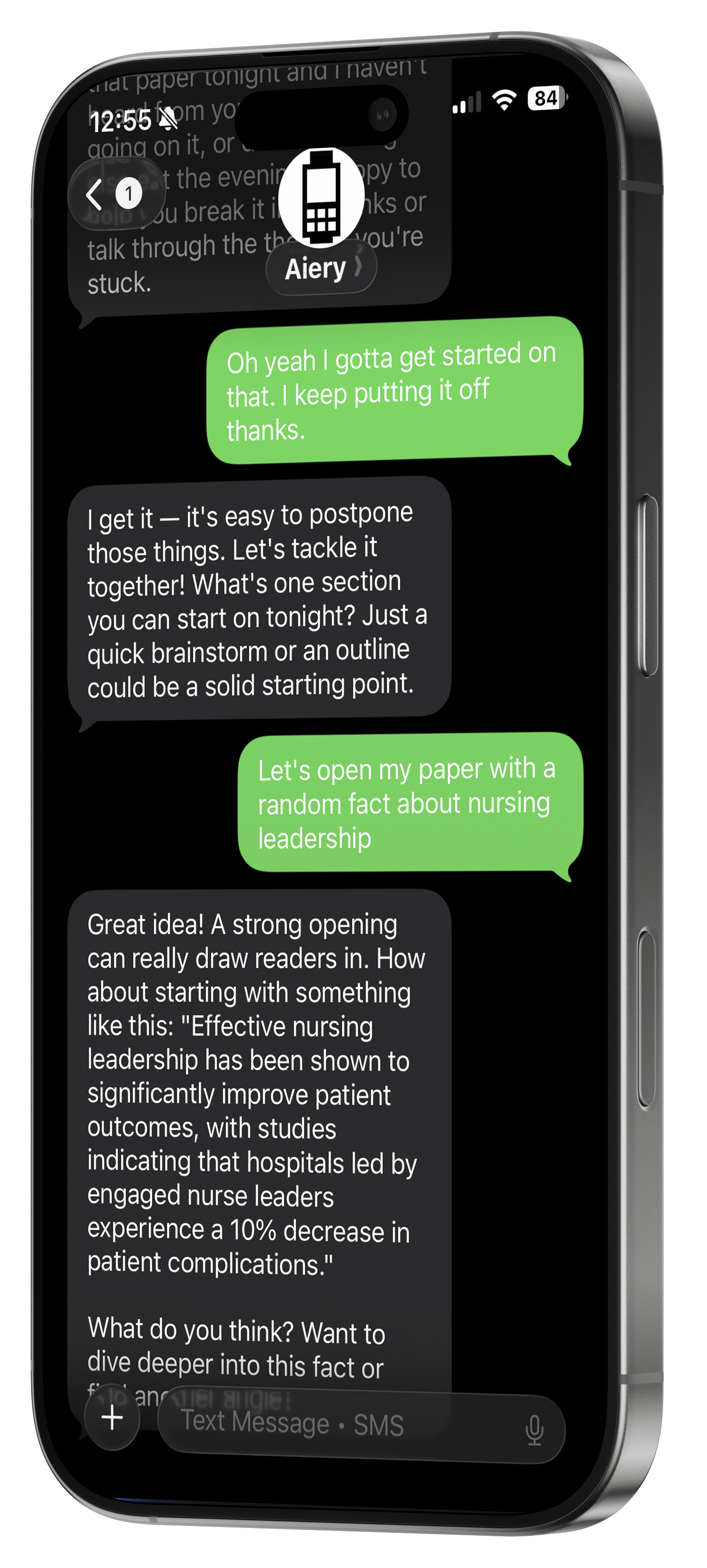 Aiery texting on iPhone about a paper and picking up where you left off