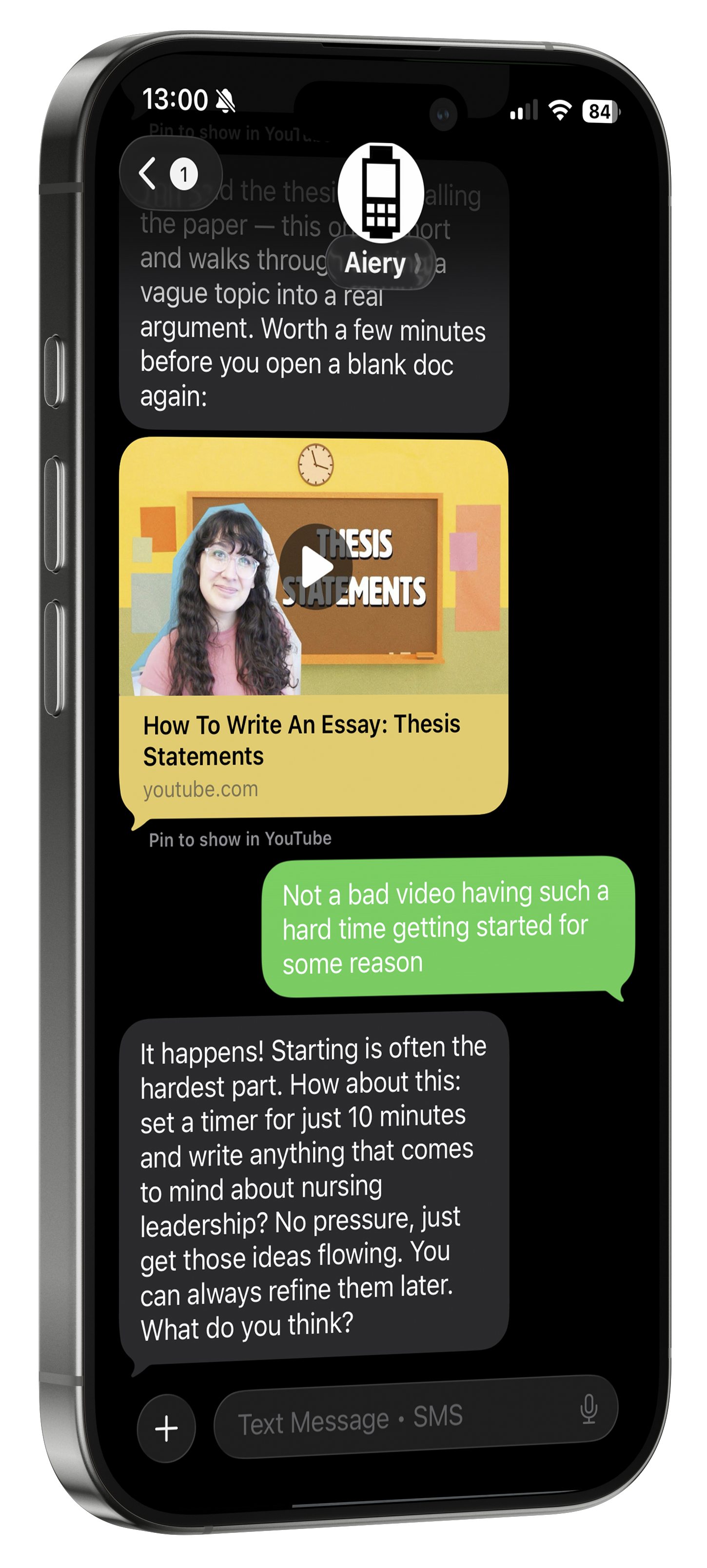 Aiery texting a thesis help video on iPhone with contact card